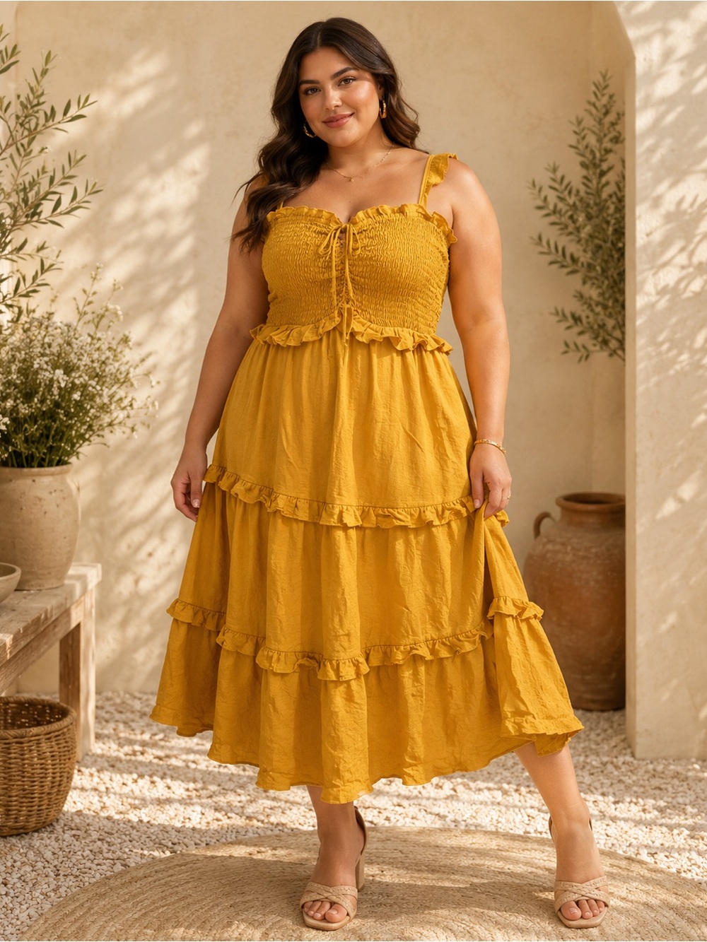 Smocked Ruffle Tiered Midi Dress - Mustard